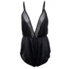 Cami Teddy Lingerie in Black Satin and Mesh front view for Facebook. A short and Camisole combination for lingerie and sleepwear, featuring a crossover mesh front piece and open back with adjustable spaghetti straps.