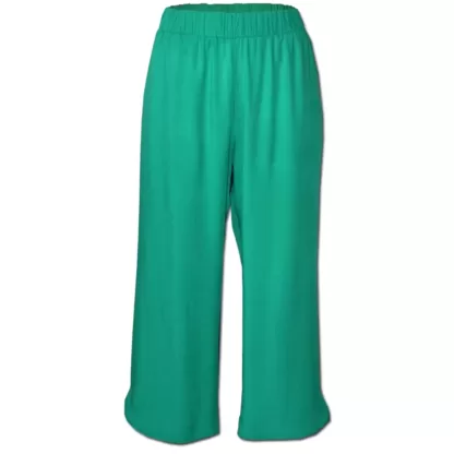 Effortless womens pants front view of Side Swipe Pants. Pull on pants for women in an emerald green with a pink side stripe detail. Elastic waistband and in-seam pockets.