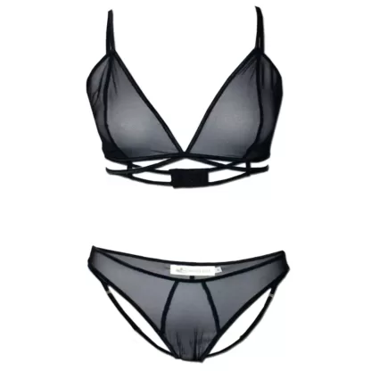 Nucleus Vamp Mesh Bra and Panties set - sexy lingerie. Font view. Made from sheer mesh with straps and gold hardware. Backless panties .