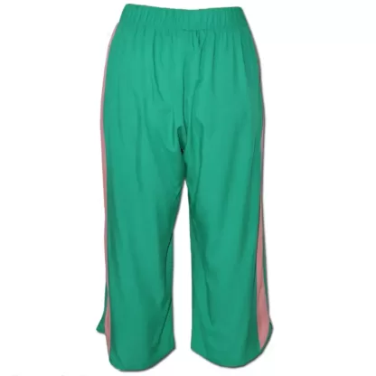 Back view of Side Swipe Pants. Effortless womens pants in an emerald green with a pink side stripe detail. Elastic waistband and in-seam pockets.
