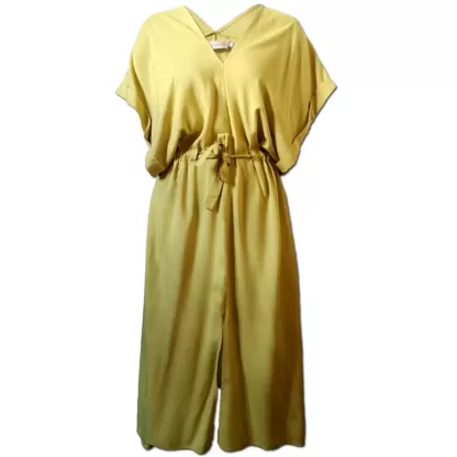 Delightful Summer Kaftan Dress - Oh So Easy in Citroen. Front View. Wide Sleeves, Pull Tie waist, V neck and front slit.