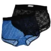 Mens Lace Boxer brief Pack in Blue and Black. Made from a soft stretch lace in a 80's shorts style with no front and back seams. Black side binding and elasticated waistband for styling. Side View.
