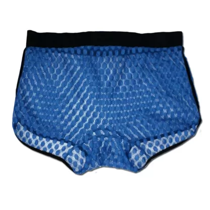 Mens Lace Boxer briefs in Blue. Made from a soft stretch lace in a 80's shorts style with no front and back seams. Black side binding and elasticated waistband for styling. Back View