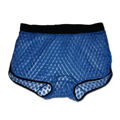 Mens Lace Boxer briefs in Blue. Made from a soft stretch lace in a 80's shorts style with no front and back seams. Black side binding and elasticated waistband for styling. Front View.