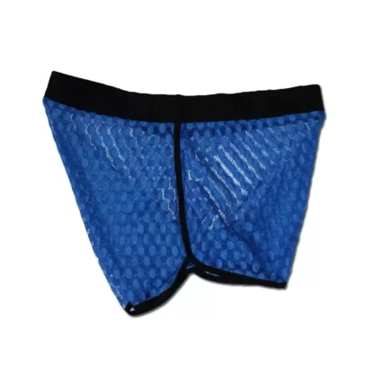 Mens Lace Boxer briefs in Blue. Made from a soft stretch lace in a 80's shorts style with no front and back seams. Black side binding and elasticated waistband for styling. Side View.