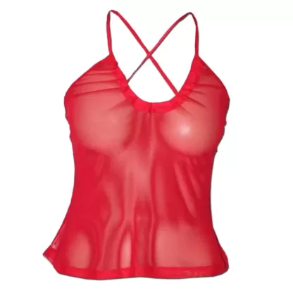 Peek a boo underwear set in red mesh camisole front
