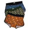 Men's Retro Boxer Briefs 3 pack in Orange, Green and Blue, Flat View.
