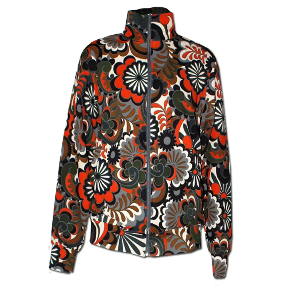 Retro inpsired Tracksuit Jacket. With central zip, side pockets and long sleeves. Front View.