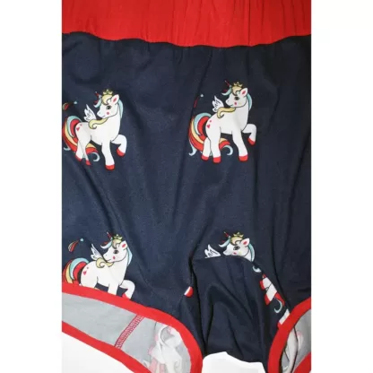 Mens Unicorn Boxers with a red elastic waistband and red binding detail, close up view