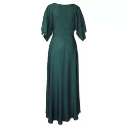 Nucleus Romance Forest Green Maxi Dress. Empire waist, front slit, kimono sleeves and centre back zip. Back View.