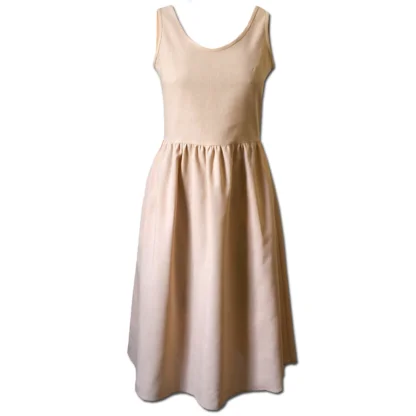 Sleeveless Summer Dress. The Tea Garden Dress in Sand. Linen, pockets fit and flare, front view