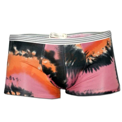 Colourful Mens Boxer Briefs. Pink and Orange Tie Dye, front view