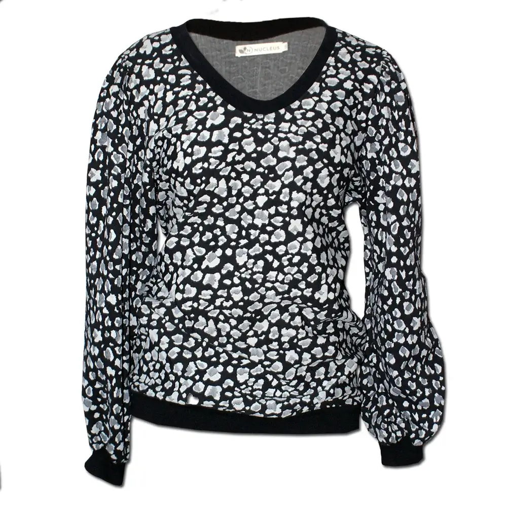 Knitwear for Every Body: How to Dress for Work, Weekends & Beyond 8 Tiger Print Knit Jaquard, Bell Tolls Jersey, front view