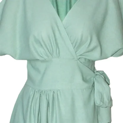 Suki Linen Wrap Dress in Sage - Front Waist Close Up View