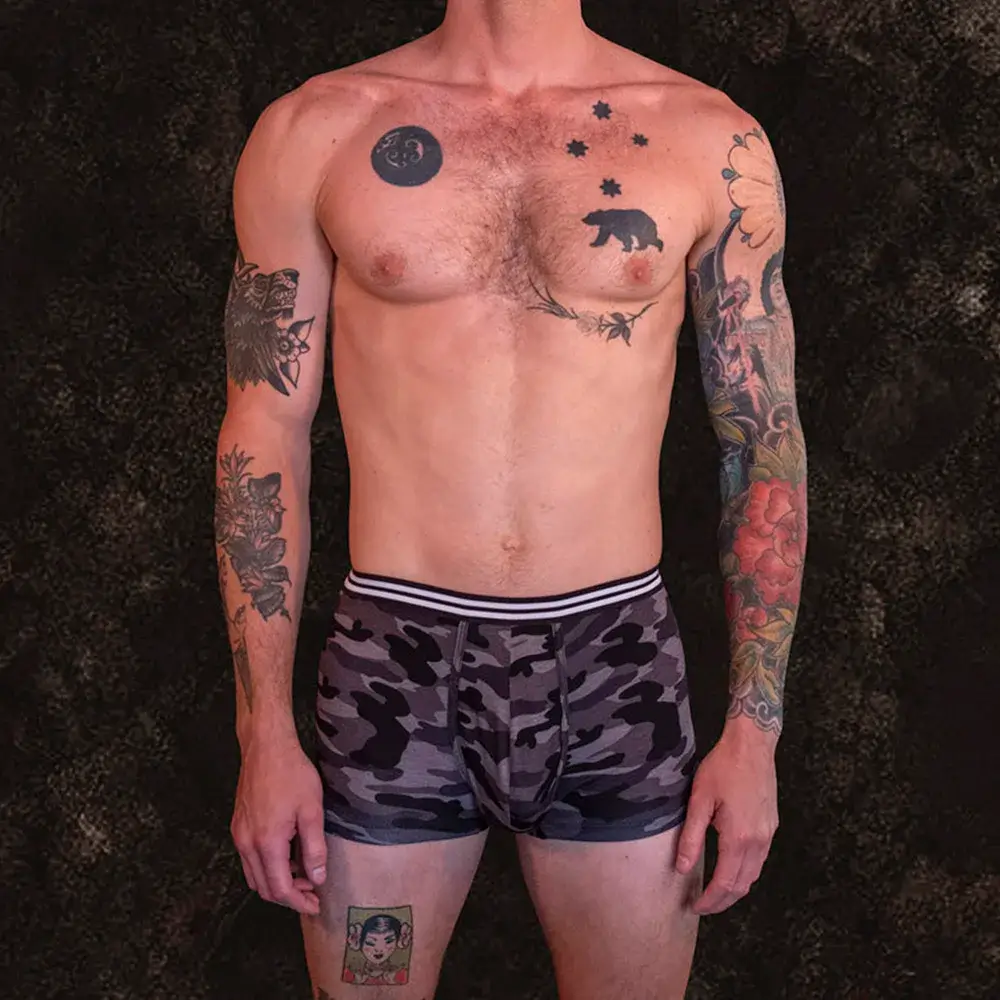 Mens Camouflage Black Shorties model front website