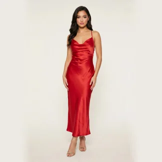 Cowl Satin Evening Dress in Chilli Red
